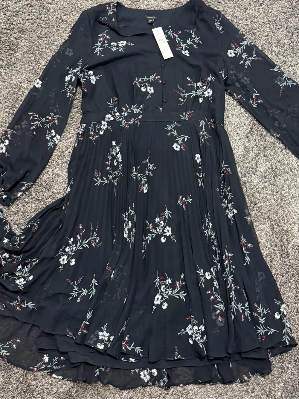Women's Ann Taylor Navy Floral Pleated Long-Sleeve Dress